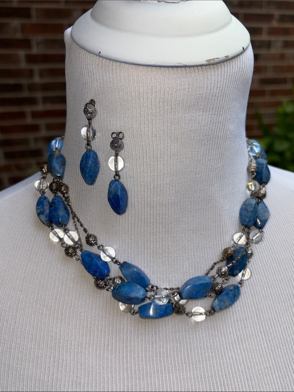 Blue Bead Multi-Strand Necklace with Silver-Tone Accents
